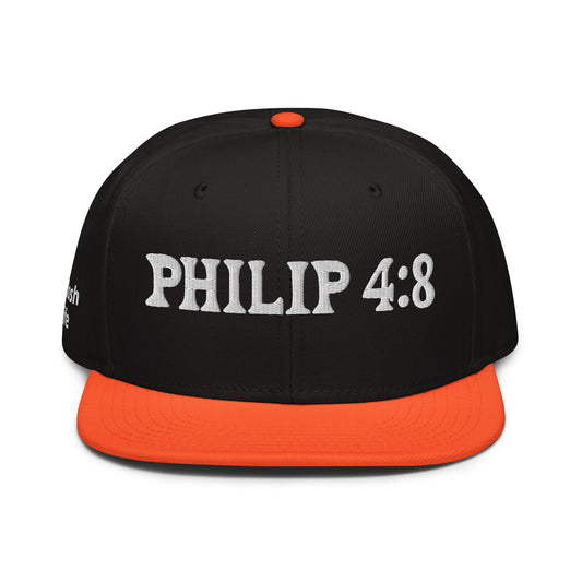 More colors For Phillipans 4:8 Hat Otto 125-978 Christian flat brim snapback hat for men and women bible verse hat Phillipans 4:8 Christian skateboard hat Bible verse Christian Gifts Christian Hats Flat Brim Hats Gift for him and her gifts for her gifts for him Hats religious gift Snapback hats Orange / Black / Black Kadosh Life