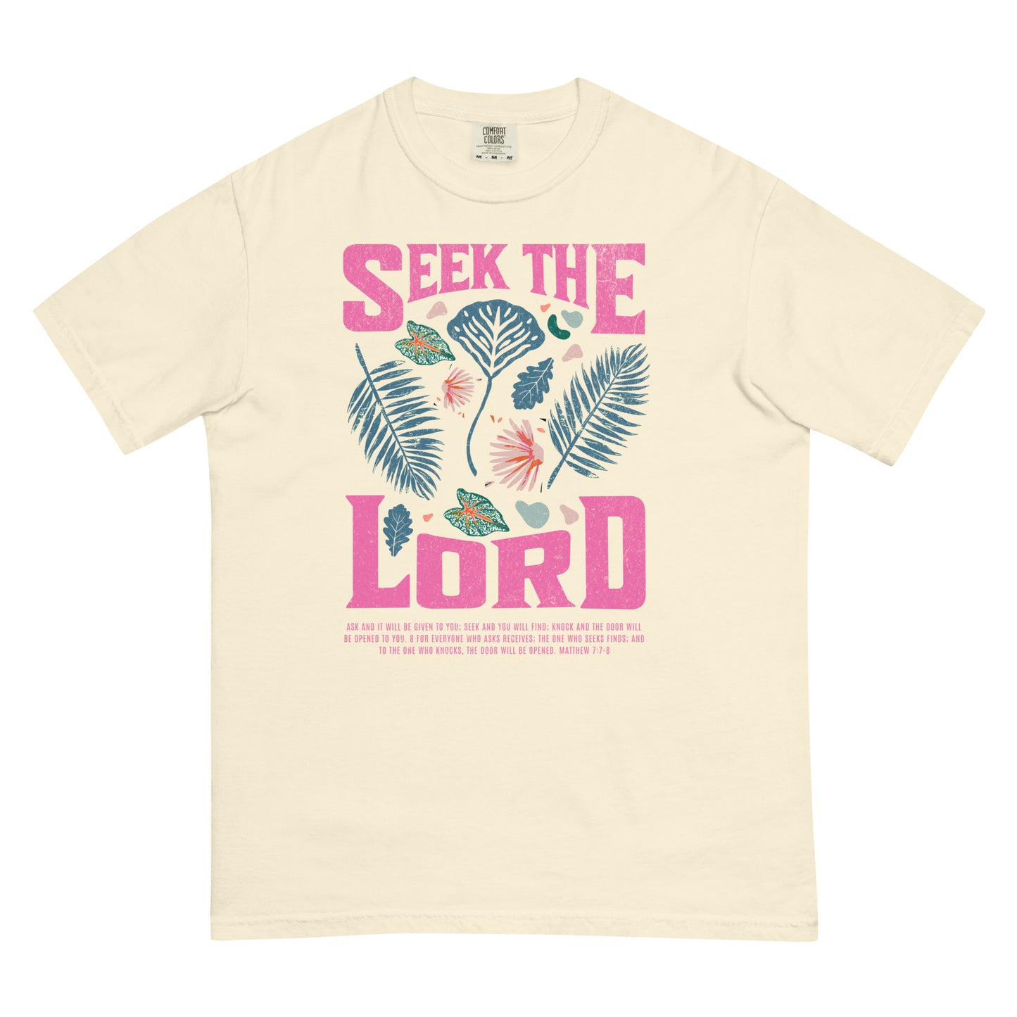 Seek The Lord Matthew 7:7-8 Christian T-Shirt pink text Kadosh Life